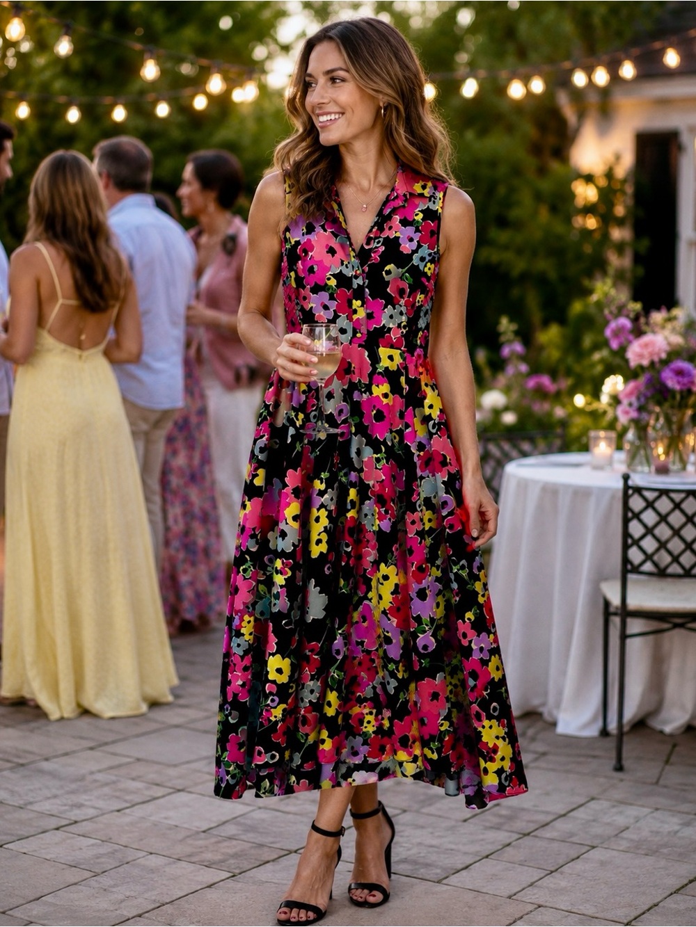 kate spade Women’s Black Floral Sleeveless Midi Dress with Bright Blooms